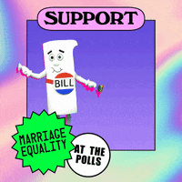 Digital art gif. Bill from Schoolhouse Rock with a glowing rainbow rim, dancing in place on a purple background, limited by his lack of hips, waving two small pride flags around with verve, framed by pastel rainbow tie-dye, a neon green dodecagram emphasizing the message. Text, "Support marriage equality at the polls."