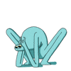 Illustrated gif. Light blue, flexible froglike figure sits in a squat, with its elbows touching the ground and its hands clasped over the back of its neck, looking worried while twiddling its fingers.