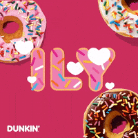 Sponsored gif. Three donuts with sprinkles dance in the corners of a pink square. Bubble text made to look like pink donuts with sprinkles sits in the middle of the donuts with white hearts raising up around it. Text reads, “ILY.”