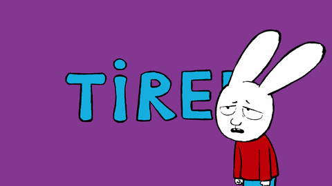 Illustrated gif. Exhausted looking bunny with slouching shoulders stares at us before turning and walking off the screen. The text in the middle reads, "Tired."