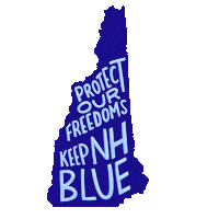 Digital art gif. Royal blue graphic of the state of New Hampshire, glossy marker font within. Text, "Protect our freedoms, keep New Hampshire blue."