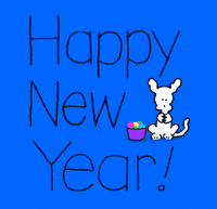 Cartoon gif. Chippy the Dog scoops up neon colored confetti from a purple bowl and tosses it in the air. Text, "Happy New Year!"