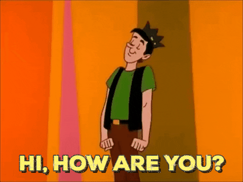 Cartoon gif. Jughead from the Archie Show stands proudly, smiling with his eyes closed, while waving his arm in a circular motion. Text, "hi, how are you?"