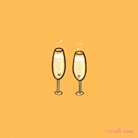Illustrated gif. Against a yellow background, two champagne flutes with tiny smiley faces on them leap up and clink together.