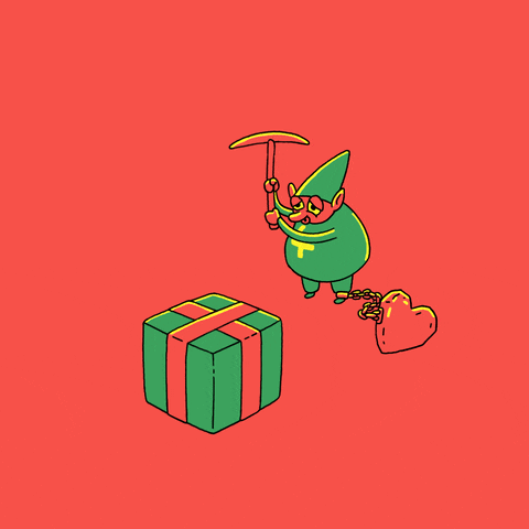 Illustrated gif. Round elf with the number four on his chest and a heart shaped rock on his ankle has a sad look on his face as he swings a pick axe at a big Christmas present. As he hits the present, tinier versions of the present shoot out.