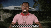 Video gif. Safaree Samuels throws his hands out in front of him and inspects his arms while shocked, saying “DAAAAAAAAAAMN!” the background a spiderweb overlaid on a mansion.