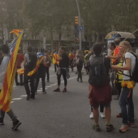 Marchers Wave Catalonia Flags in Crowded Barcelona