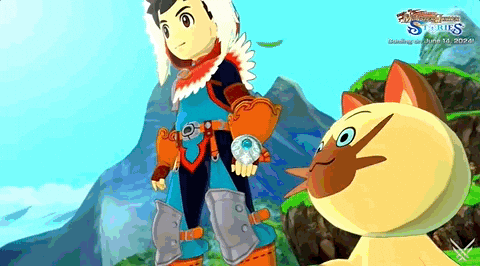 Video game gif. A montage of short clips from the video game "Monster Hunter Stories 2: Wings of Ruin." The anime-styled characters, dressed in colorful and intricate armor, are seen in various adventure scenes.