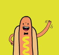 Illustrated gif. A personified hot dog waves with one hand on its hip and a big, teeth-baring smile on its face.