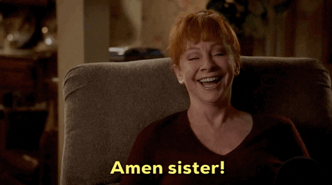 TV gif. Reba McEntire as June in Young Sheldon. She sits in an armchair and looks gleeful as she announces with a shake of her head, "Amen sister!"