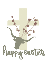 Sticker gif. Arrangement of a cream-colored cross adorned with cotton blossoms and the head of a longhorn steer, all surrounded by a message in handwritten cursive. Text, 'He is risen, Happy Easter.'