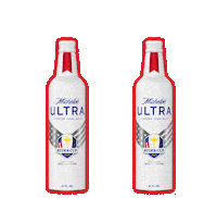 Sponsored sticker gif. Two bottles of Michelob Ultra beer clink together for a toast. Red, white, and blue stars explode behind them.
