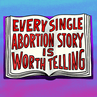 Text gif. Open book on a pink and blue background displays the words "Every single abortion story is worth telling" in red, the page turns and displays the words "Every single abortion story is worth telling" in blue, the page turns infinitely.