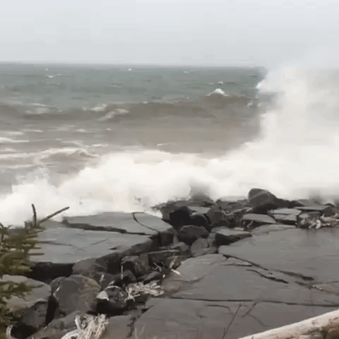 Waves Crash Against Lake Superior Shoreline as Storm Slams Duluth
