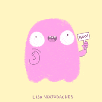 Cartoon gif. A pink ghost with giant eyes and a little open-mouthed smile holds one hand to its cheek, the other hand holding up a little sign that reads, "Boo!"
