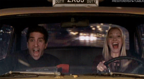 Friends gif. Lisa Kudrow as Phoebe and David Schwimmer as Ross ride in her taxi, Phoebe elated, Ross panicked and terrified in the passenger seat.