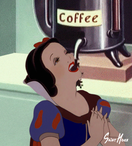 Cartoon gif. A still of the original Snow White is edited together with an animation of a flowing river of coffee coming out of a coffee machine. Her mouth is open wide, guzzling the caffeine goodness.