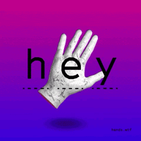 Digital art gif. A disembodied hand waves, swinging stiffly. Text, "hey"