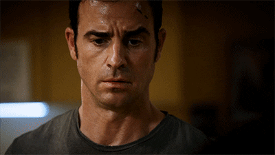 TV gif. Justin Theroux as Kevin Garvey in The Leftovers looks down with sad eyes and then moves them up, lifting his eyebrows in shock. He has a cut on his forehead.
