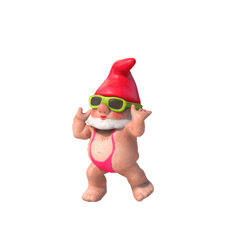 Video gif. Green gnome in sunglasses is grooving and raising their arms in the air, wearing a neon pink one piece thong.