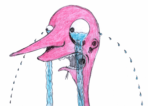 Digital art gif. A sketch of a pink bald person with a very long nose. They're sobbing uncontrollably.