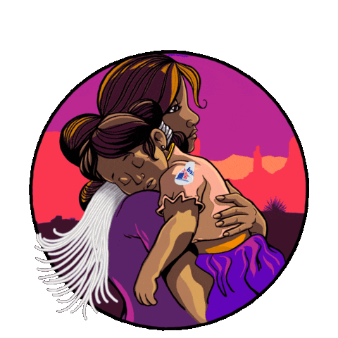 Digital art gif. Cartoon woman of color holds a small sleeping girl in her arms. The girl wears an "I voted" sticker on her shirt. Text: Vote for her future.