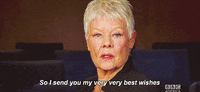 Celebrity gif. Judi Dench is on BBC and she looks at us straight in the eye as she says, "And so I send you my very very best wishes," before closing her mouth and looking at us seriously once more.