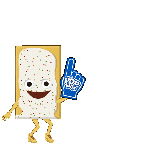Sponsored gif. A cartoon of an anthropomorphic Pop Tart with white frosting and sprinkles wearing a blue foam finger with the Pop Tarts logo jumps and dances.