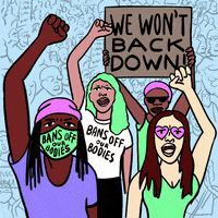 Digital art gif. Four cartoon women of different races pump their fists above their heads in protest, their mouths open to yell. One wears a mask and another wears a t-shirt, both of which say, "bans off our bodies." The woman in the back holds a sign above her head that says, "We won't back down." In the background are blue illustrations of people in a large crowd.
