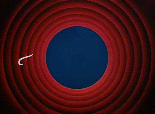 TV gif. White script scrolls across the red ringed Looney Tunes closing credit background. Text, "That's all folks!"