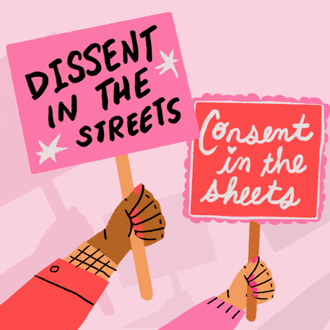 Digital art gif. Two arms, clothed and polished in pastel red and hot pink, wave picket signs that read "Dissent in the streets" and "Consent in the sheets," on a ballet-pink background, hearts all around.