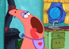 SpongeBob gif. Patrick wears an apron in a kitchen with an open mouth as he hungrily licks his lips. 