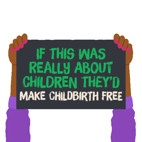 Digital art gif. Illustration of two hands holding up a gray sign that reads, "If this was really about children, they'd raise teacher's pay, make childbirth free, pass gun laws, improve childcare, pass paid leave."