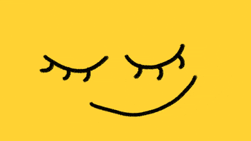 Illustrated gif. Against a bright yellow backdrop, a smiley face with closed eyes and long eyelashes wiggles contentedly.