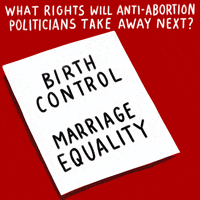 Digital art gif. Cartoon hand reaches out to a piece of paper with a pencil and crosses out text that reads, "Birth control. Marriage equality," in stark red ink. Stickers appear on the paper that read, "Don't let them! Vote." Text, "What rights will anti-abortion politicians take away next?"