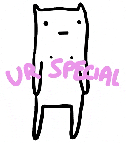 Illustrated gif. Minimalist white cat creature standing on its back legs like a human, mouth opening and closing stiffly, expressionless but agreeable. Text, "U R special."