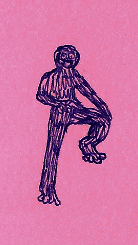 Illustrated gif. A pen drawing of a person has been animated to dance funkily, grooving their body with style and ease as they smile widely.