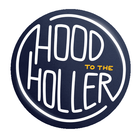 Text gif. Navy blue circle swivels side to side over a transparent background. Text, “Hood to the holler.”