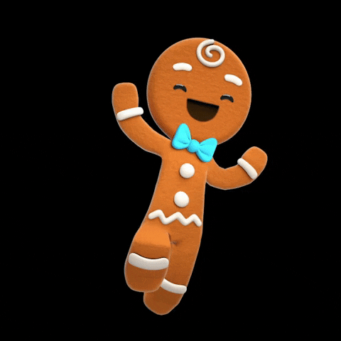 Video game gif. Gingerbread man from Cookie Jam dances side to side with his cookies arms up in the air. He smiles happily as stars shoot behind him. Text, “Thankful.”