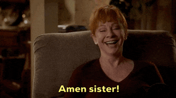 TV gif. Reba McEntire as June in Young Sheldon. She sits in an armchair and looks gleeful as she announces with a shake of her head, "Amen sister!"