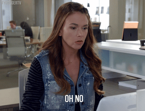 #younger #youngertv #tv land #sutton foster #oh no #uh oh #trouble #office #work GIF by TV Land