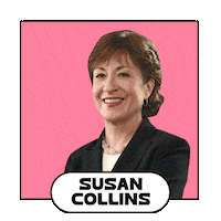 Photo gif. Make America Great Again hat adheres to a smiling photo of Susan Collins framed in pink against a transparent background. A stamp appears next to her that reads, “Is a Trump Republican.”