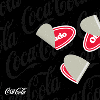 Sponsored gif. Many stickers with the word "Obrigado" in Coca-Cola colors, white letters on a red background, affix themselves to a black background with grey Coca-Cola logos. A white Coca-Cola logo is in the lower left corner. 