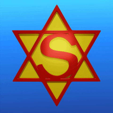 Digital art gif. The Star of David fashioned in 3D red and yellow with an S at the center, with a cerulean blue background, in apt resemblance of the Superman emblem.