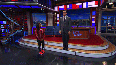 stephen colbert stick landing GIF by The Late Show With Stephen Colbert