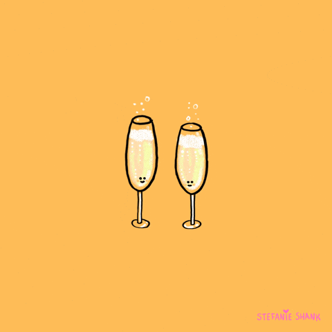 Illustrated gif. Against a yellow background, two champagne flutes with tiny smiley faces on them leap up and clink together.