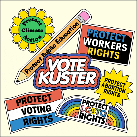 Digital art gif. Collection of stickers on a white background, brightly colored and full of energy, a flexing daisy that reads "protect climate action," a bobbing pencil that reads "protect public education," a waving flag that reads "protect voting rights," an oscillating marquee that reads "protect workers rights," a twirling dodecagram that reads "protect abortion rights," an oscillating rainbow that reads "protect LGBTQ rights," and front and center, a flashing neon sign that reads "Vote Kuster."
