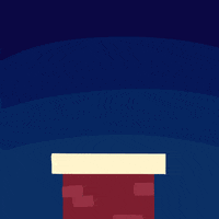 Illustrated gif. Santa pops out of a chimney with his arms spread beneath a message that says, "Happy holidays."