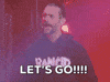 Sports gif. CM Punk on AEW Rampage screams "Let's Go!!!" while lights flash and smoke rises behind him.