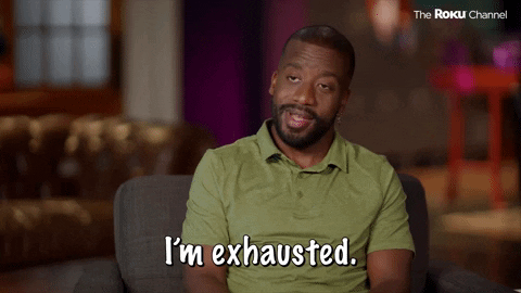 A man is saying the words, "I'm exhausted."